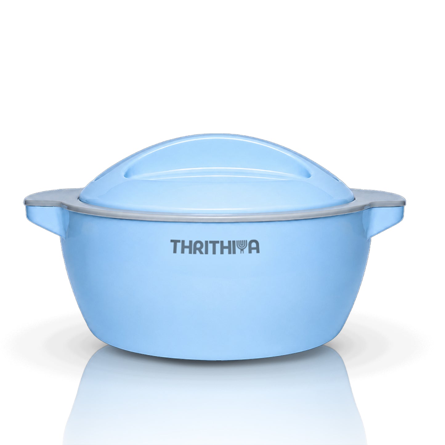 A light blue enameled lidded casserole dish with side handles and a gray rim, featuring the THRITHIYA brand name on the front, set against a clean white background with a soft reflection.