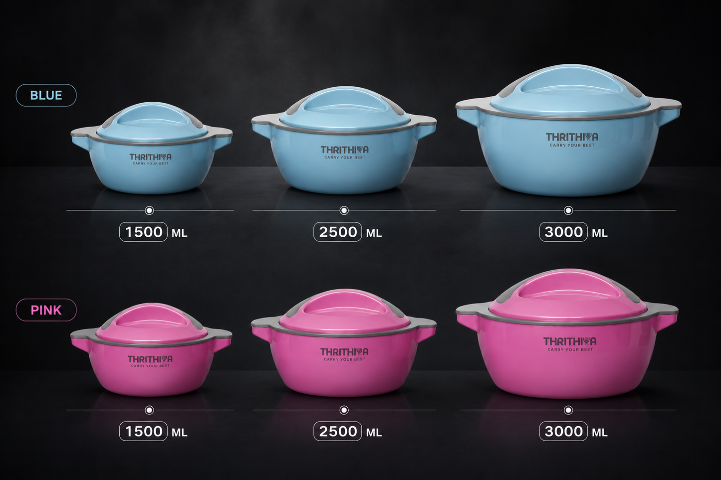 Six Celia Casserole pots by Thrithiya in two colors, blue and pink, arranged in a grid on a dark background. Each pot is shown with its lid open, displaying its corresponding volume: 1500 ML, 2500 ML, and 3000 ML.