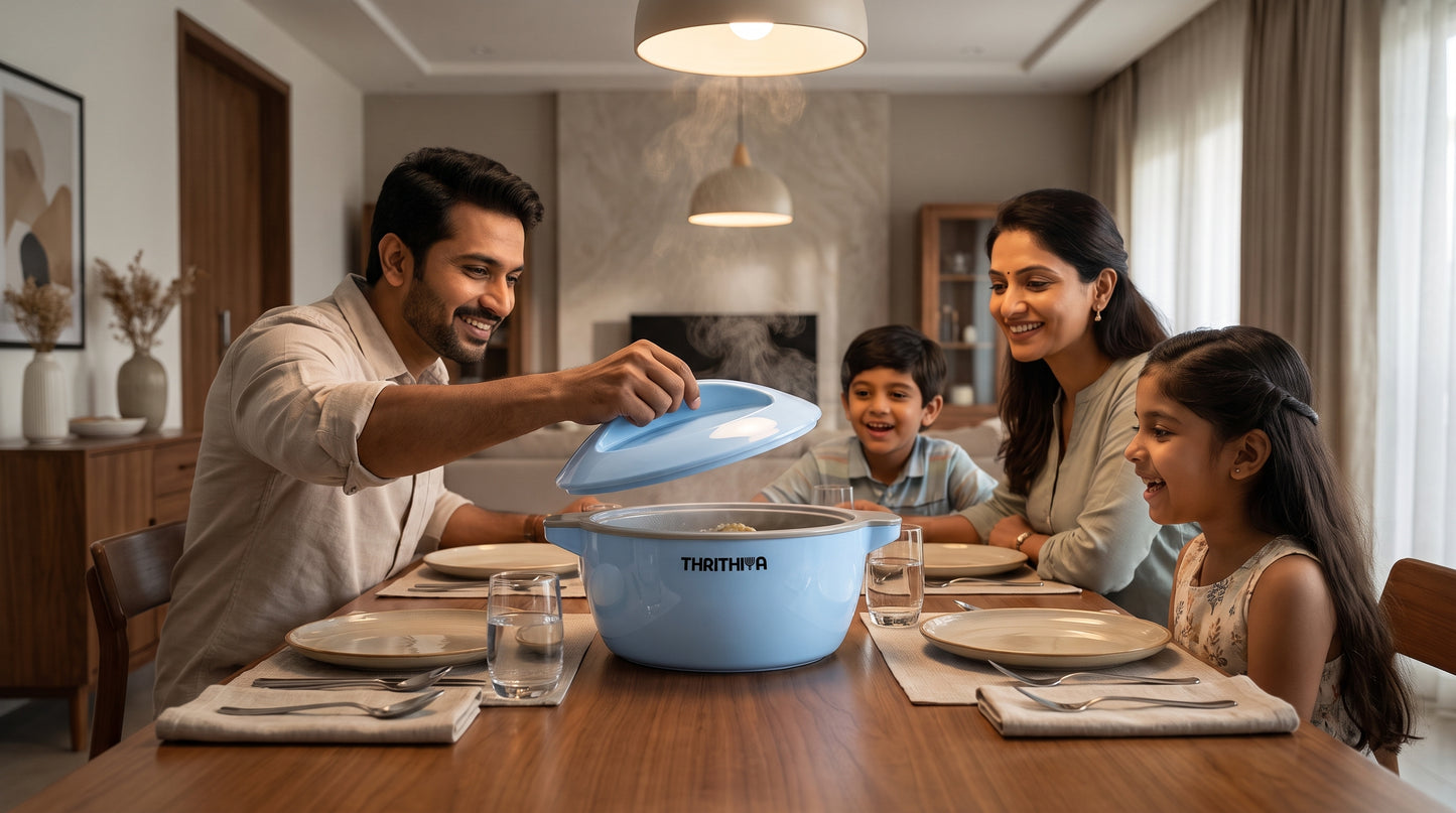 A family of four gathered around a wooden dining table in a warm, modern dining room. In the center of the table is a light blue Thrithiya Celia Casserole, with a man lifting its lid to reveal steaming food inside.