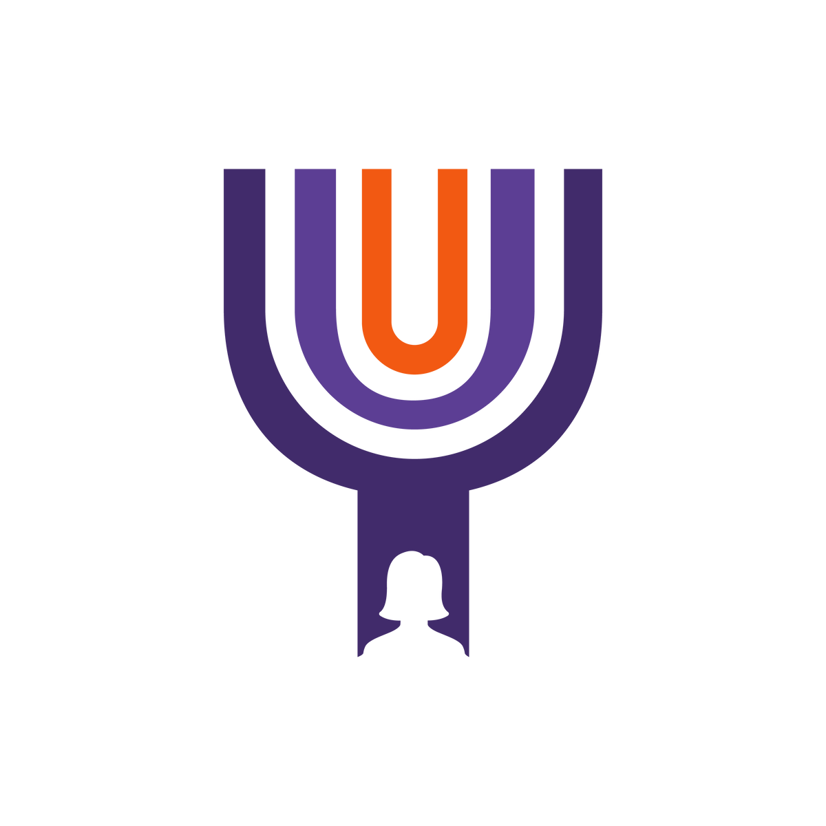 Thrithiya logo - minimalist emblem featuring a stylized U-shaped symbol in purple, white, and orange with a dark purple silhouette of a person's head at the bottom.
