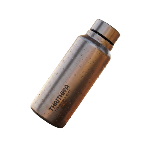 A metallic bronze Thrithiya insulated water bottle with water droplets on its surface, shown at an angle on a plain white background.