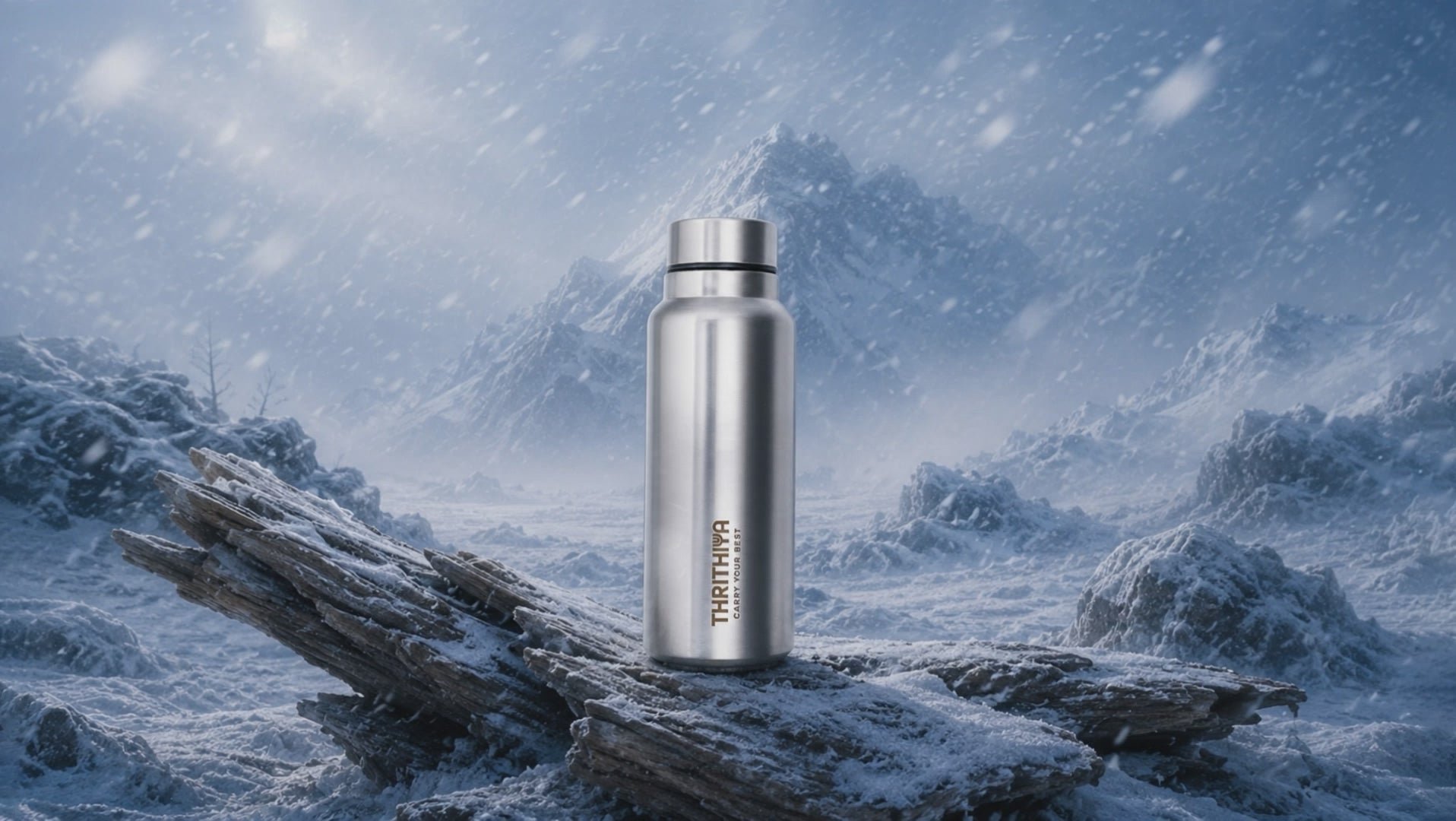 Aqvion steel bottle showcased in desert sunset terrain, demonstrating durability across environments